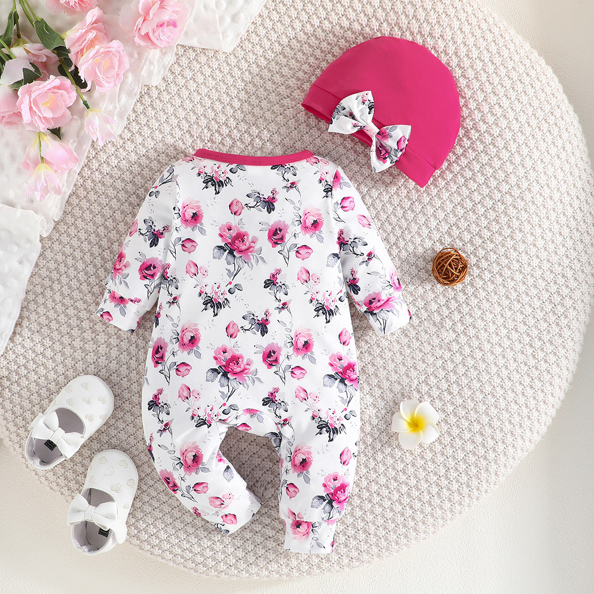 2024 Primavera e Autunno Nuovo Fiocco Manica Lunga Fiore Stampato Tuta + Cappello Due Pezzi Set_voghion.com