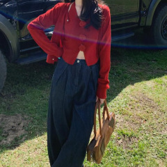 芊语 早秋红色针织开衫外搭毛衣外套女秋季设计感小众高级感套装