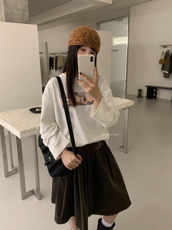 MZI STUDIO秋季韩系简约墨镜小狗印花宽松套头圆领长袖T恤女13829|undefined