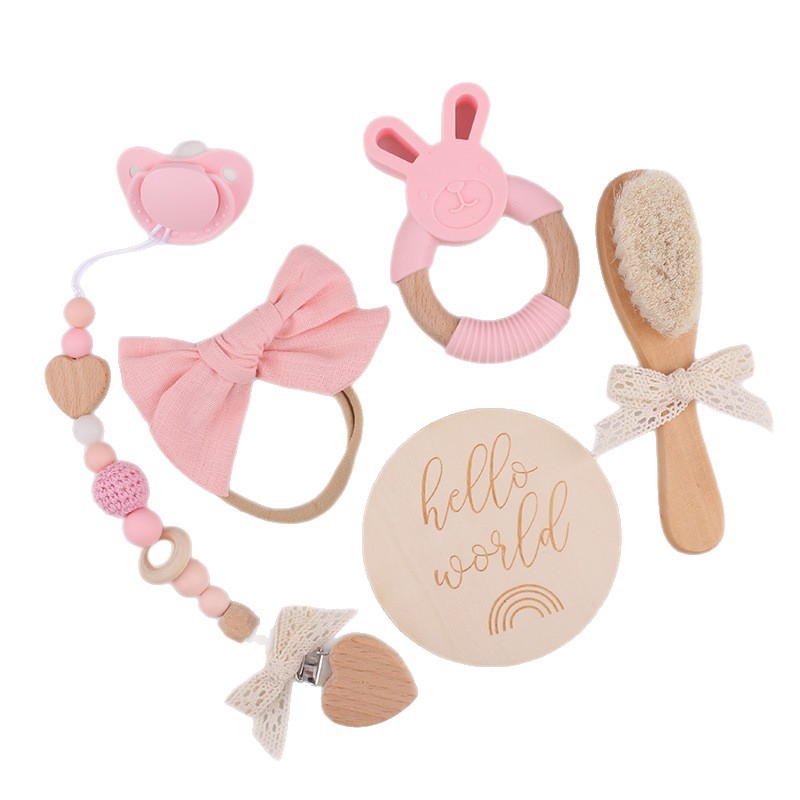Caja de regalo para recién nacidos transfronteriza, chupete de mordedor de conejo, cadena de chupete de lazo hecha a mano, calma al bebé