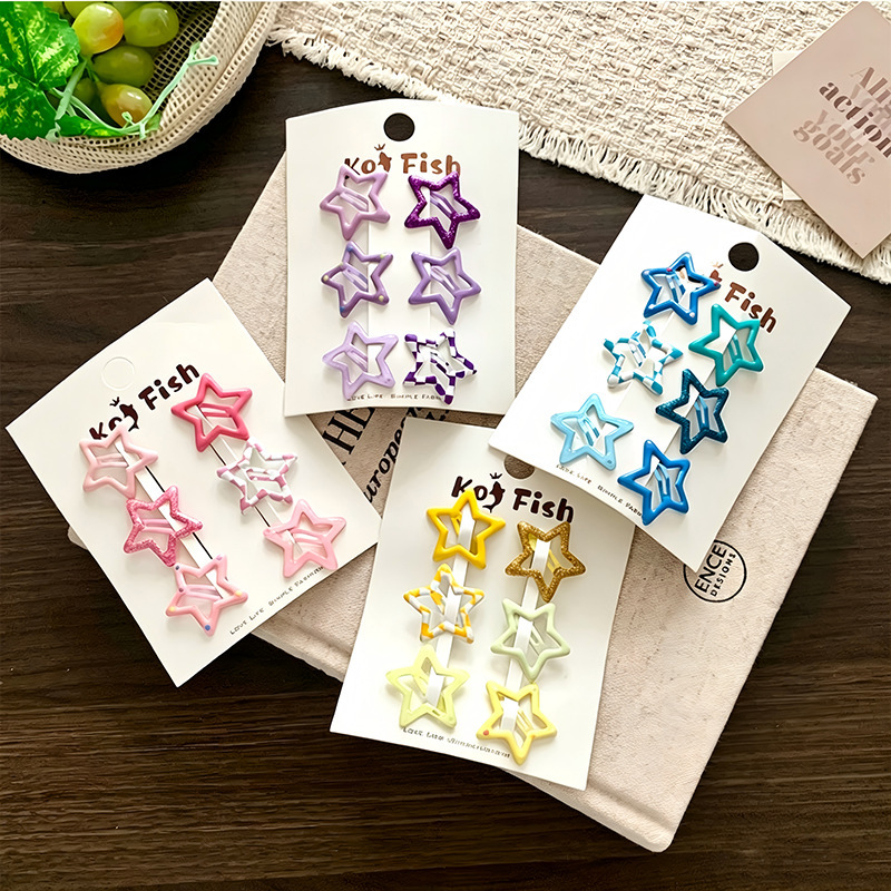 6-piece set of Y2K dopamine-colored pentagram hair clips that do not damage hair, suitable for bangs and side fringe, Korean-style women's hair accessories