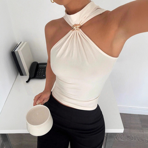 Spring and summer women's high-necked metal ring sleeveless strapless elastic vest