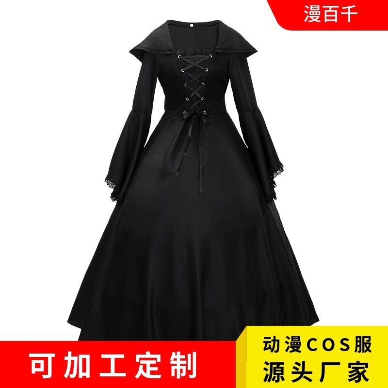 ハロウィンドレス中世宮廷スクエアカラーレースアップチュニックベルスリーブパーティー宮殿スタイル文学レトロ|undefined