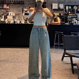 美式复古设计感烫钻石牛仔裤女新款满天星重工千禧辣妹爆闪长裤子