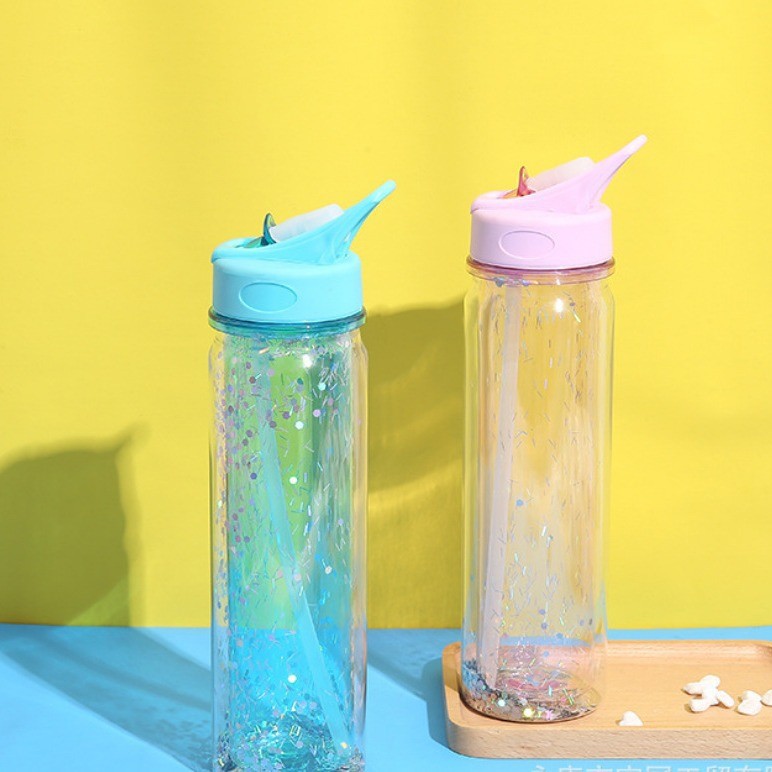 Double-Layer Multi-Capacity Portable Sports Water Bottle, Available with Various Lids, Glitter Inserts, and Wholesale Portable Options