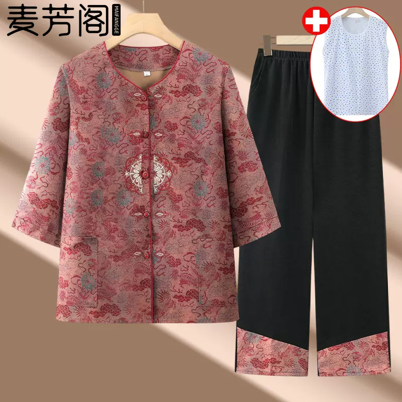 奶奶夏装七分袖套装女中老年女装夏季薄款开衫两件套老人太太衣服