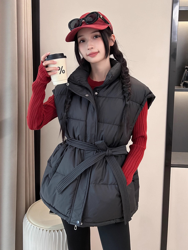 羽绒棉马甲女2025秋冬新款韩版学院宽松系带收腰纯色马夹背心外套|undefined