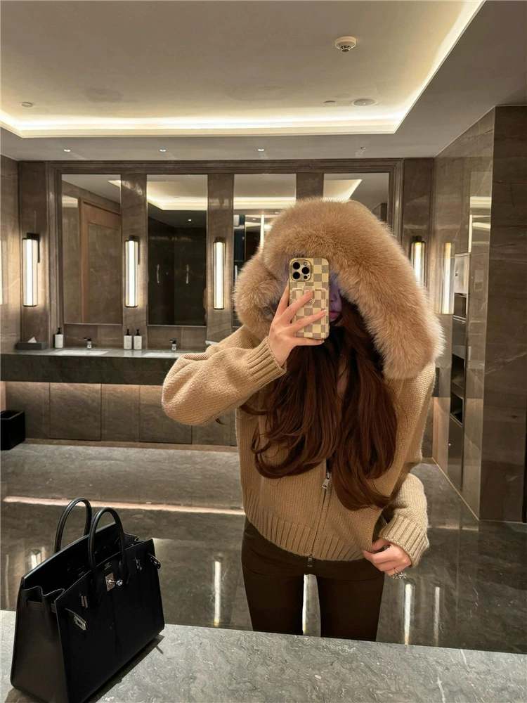 Кардиган с капюшоном и молнией, связанный демисезонный жакет, один размер, 104/58/63 см