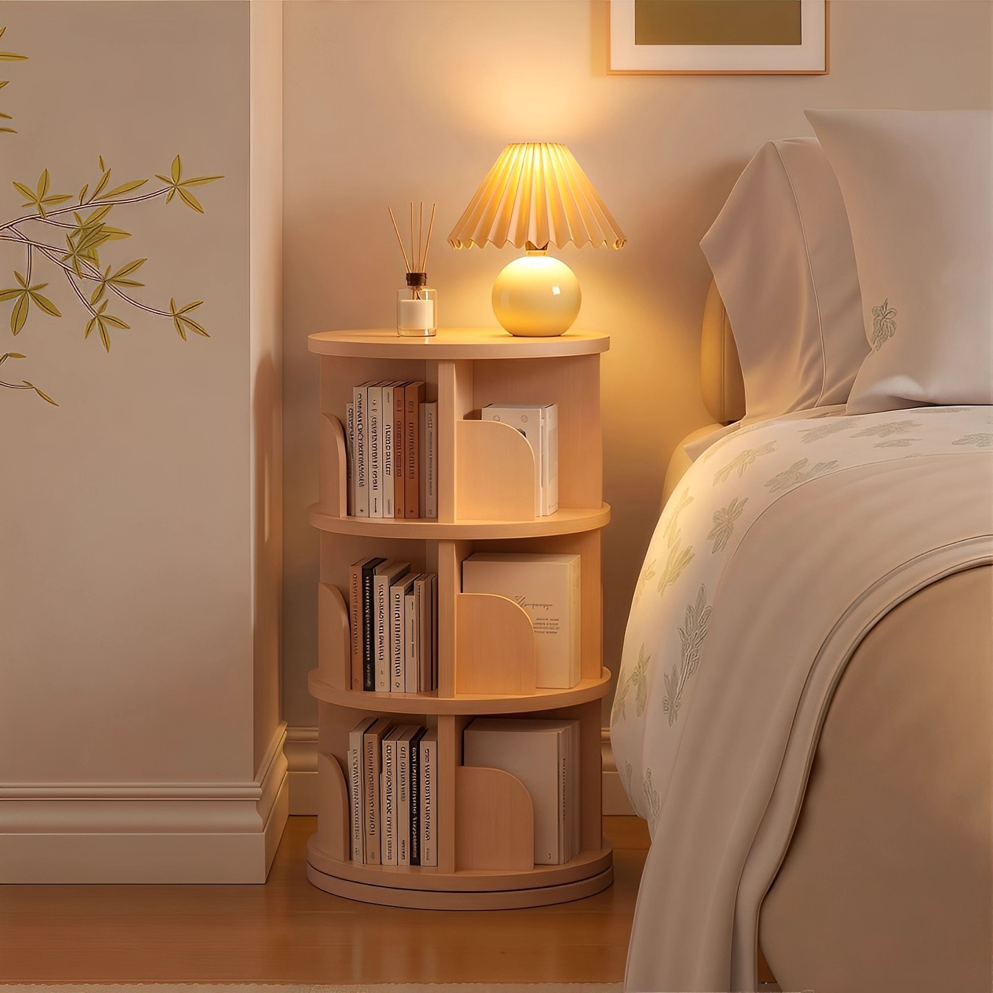 Rotating Bookshelf Bedroom Round Storage Rack Floor-Standing Multi-Layer Picture Book Rack 360-Degree Bookcase Solid Wood Storage Rack