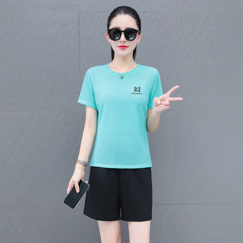 Шорты с короткими рукавами из ледяного шелка Спортивный набор моды Летний досуг Леди Быстросохненные брюки с короткими рукавами Спортивный набор