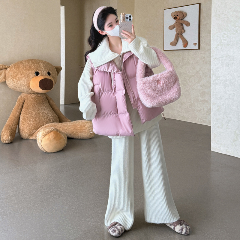 孕妇装棉马甲毛衣秋软糯亲肤拉链时尚翻领毛衣休闲款时尚宽松套装|undefined