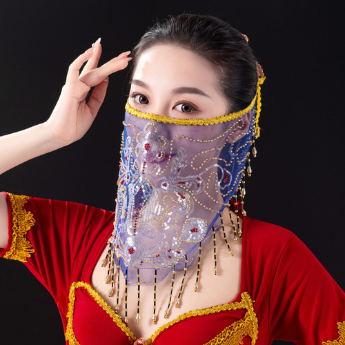 Belly dance bandage veil women Oriental dance face veil scarf Hanfu sequins tassel dustproof mask