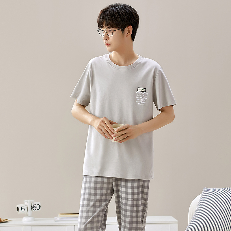 2024 봄과 여름 새로운 잠옷 남자의 순면 홈 옷 짧은 소매 바지 여름 둥근 목 캐주얼 청소년 남성 세트