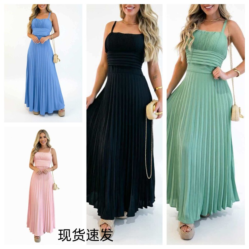 Spring and Summer New In-Stock Sweet and Stylish Women's Ice Silk Pleated Skirt, Collarless Slim-Fit Long Dress Spring and Summer New In-Stock Sweet and Stylish Women's Ice Silk Pleated Skirt, Collarless Slim-Fit Long Dress