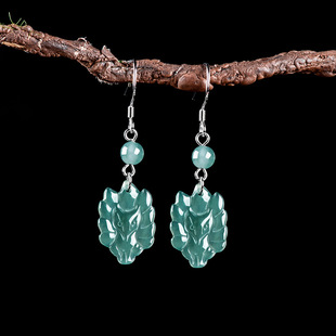 Natural A goods jade blue water fox nine tail fox earrings S925 silver set ice jade earrings women's earrings