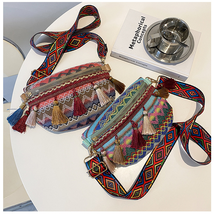 112g Weight Tassel, Weave, Sewing Thread Fashion Element Zipper Closure Type Single Shoulder Strap Strap Type Fanny Pack Bags Type Holiday, Daily Occasion cotton and linen Material Women's Backpack Backpack Waves Pattern All Seasons Season Women's Gender Ethnic Style Style Square Shape Women's Ethnic Style Waves Cotton And Linen Waist Bags 30