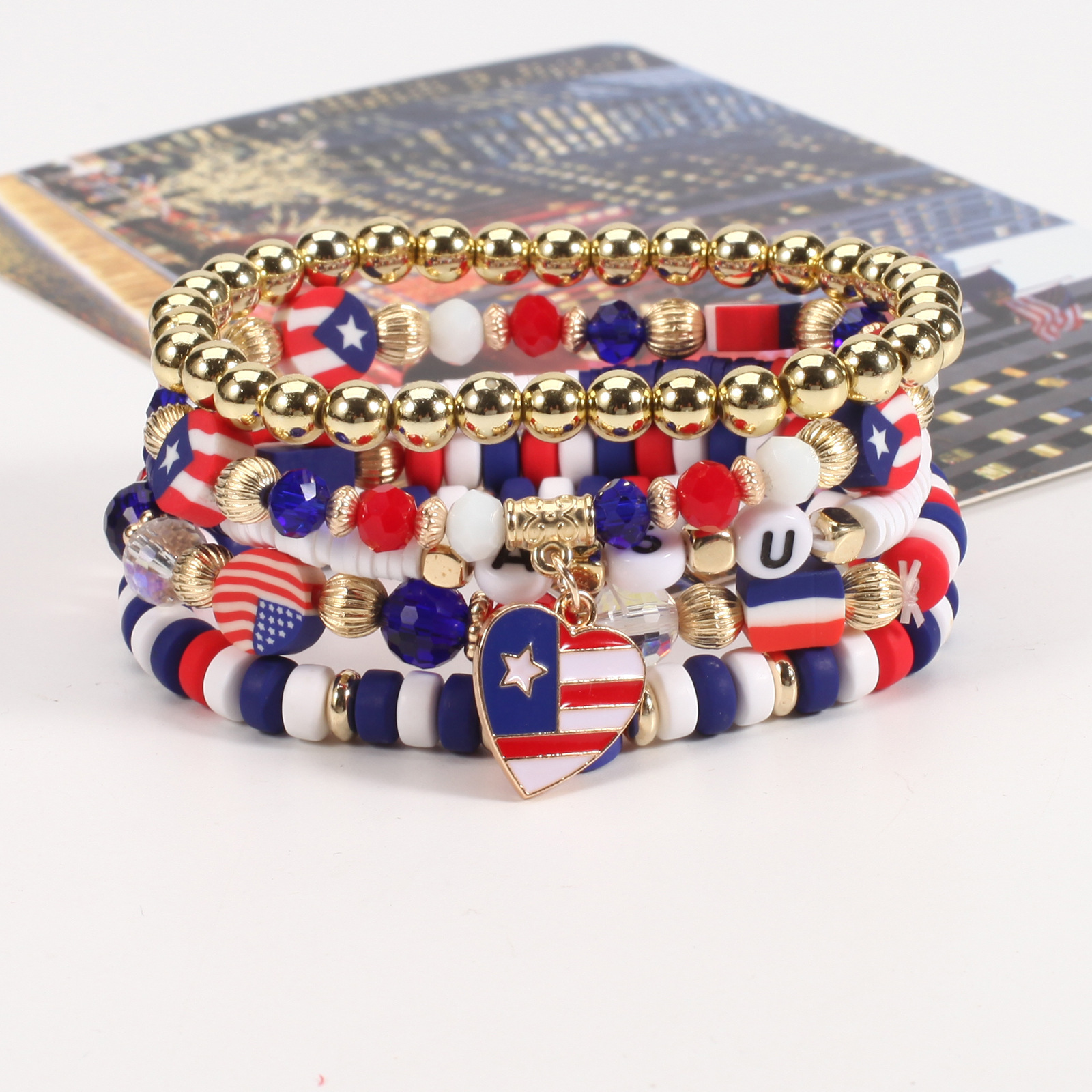 Großhandel Schmuck Einfacher Stil Klassischer Stil Amerikanische Flagge Künstlicher Kristall Legierung Weichen Lehm Perlen Armbänder display picture 18