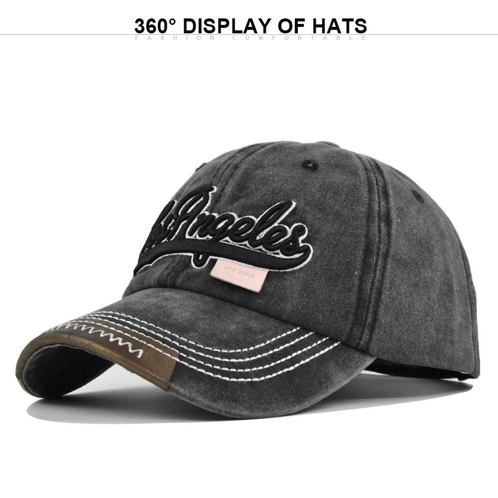 Cappello da baseball Los Angeles con visiera parasole, ricamato in 3D con lingua d'anatra e lavato, con vecchie grondaie curve_voghion.com