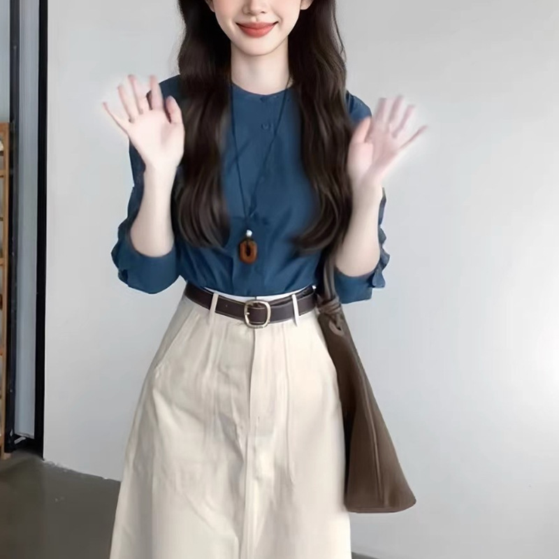 法式湖蓝色圆领长袖衬衫女装2025秋季新款高JI感显瘦衬衣气质上衣|undefined