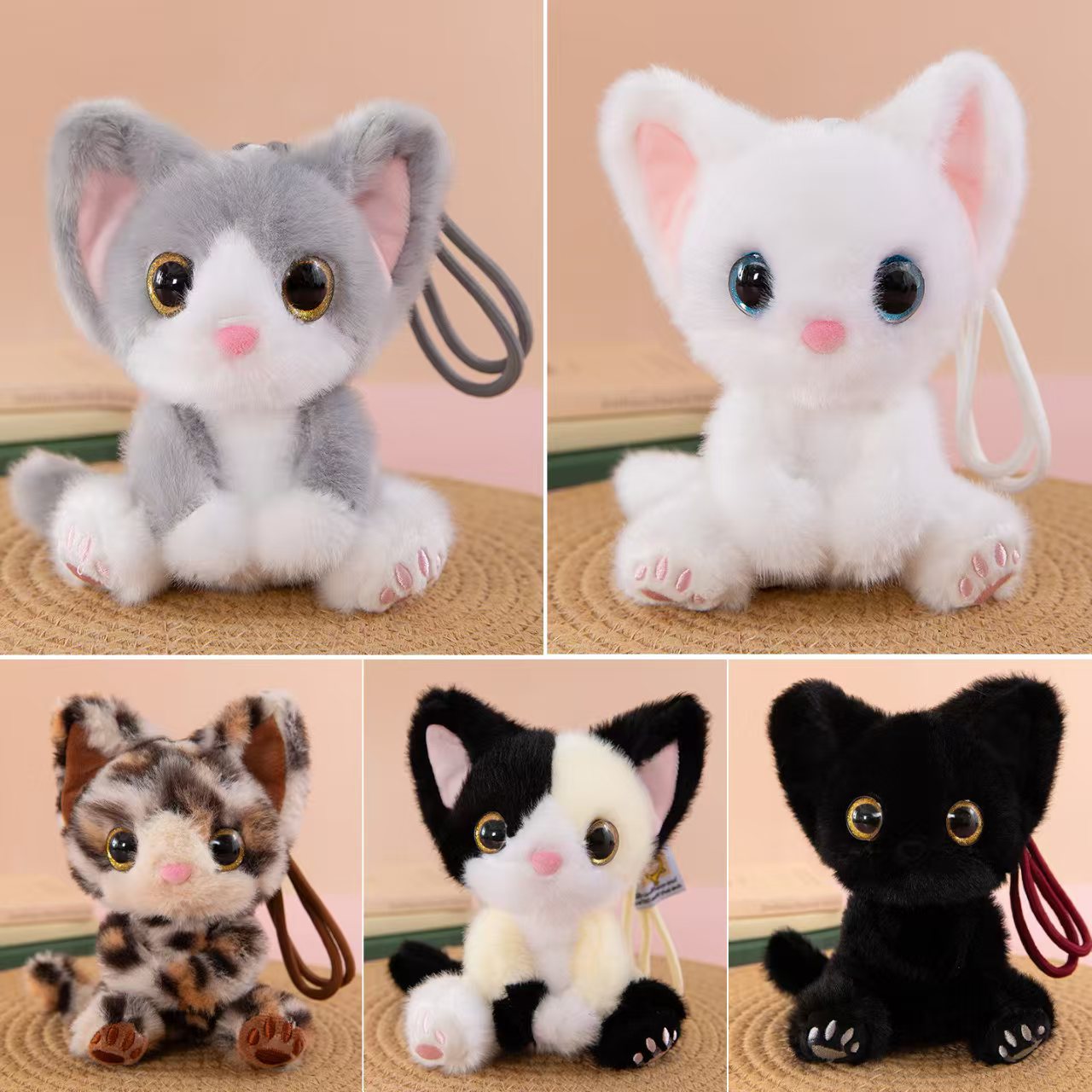 Cartoon cat cute plush toy with playful tail, realistic kitten doll, car decoration, soothing toy
