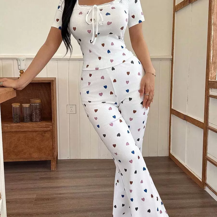 跨境欧美外贸新款女士家居服坑条印花时尚性感短袖长裤套装可外穿