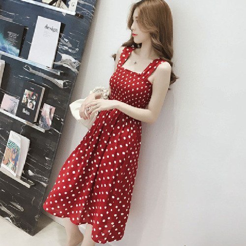 Belted mini maxi point strap one-shoulder red inner dress summer fairy slenderizing