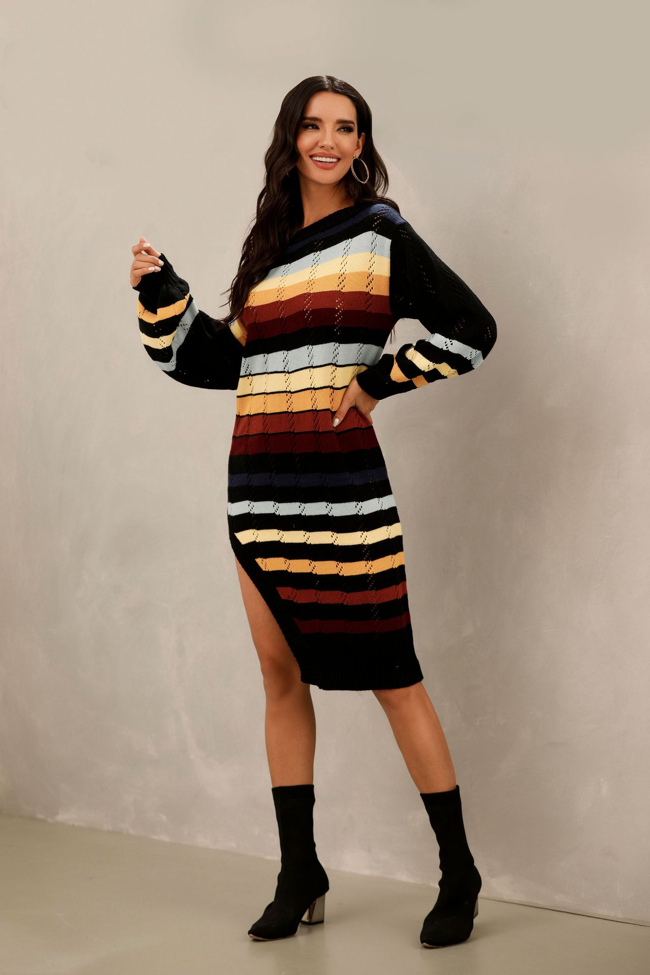 2021跨境新款修身露肩條紋長袖長袍式開叉毛衣連衣裙女