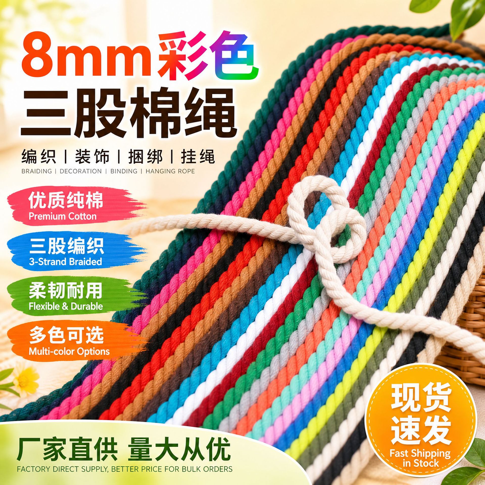 现货8mm彩色三股棉绳棉绳编绳窗帘捆绑绳DIY编织绳装饰挂绳