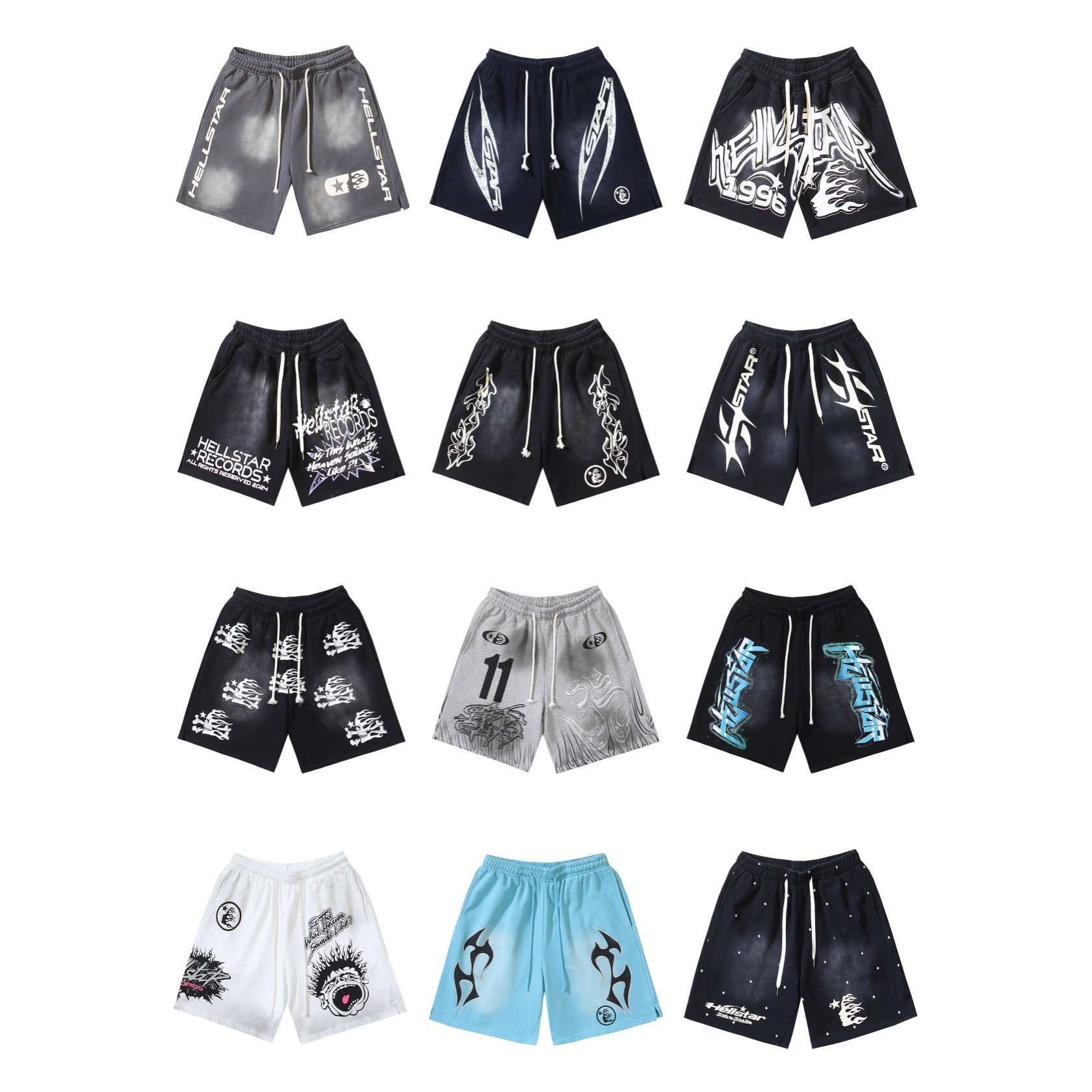 2025 Summer New Washed Vintage Casual Shorts Flame Print Trendy Hell Star Men's Five-Point Shorts