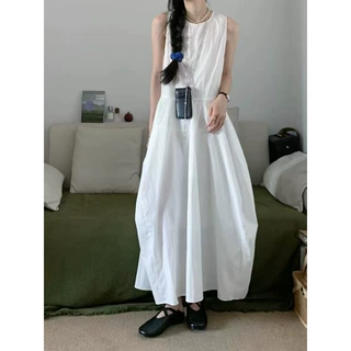 法式复古白色无袖背心连衣裙女夏季新款小个子宽松遮肉显瘦长裙子