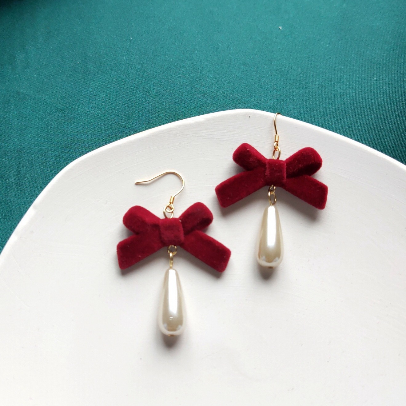 日韩复古宫廷丝绒酒红蝴蝶结水滴珍珠少女气质耳环耳夹无耳洞耳饰