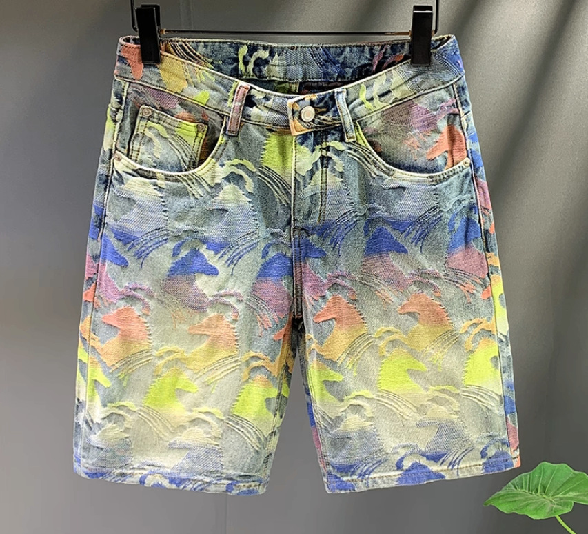 Men's Clothing Summer New High Street Fashion Brand Colorful Jacquard Shorts Men's Denim Shorts Loose Straight Pants Men_mkmklike.com