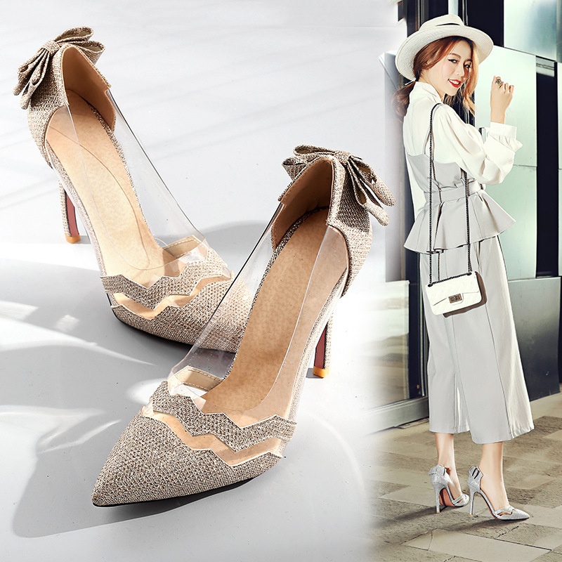 Design Sense Niche Temperament High Sense Pointed Thin Heel Shoes Transparent High Heel Shoes Women's Super plus size Size 47 CAOMAG