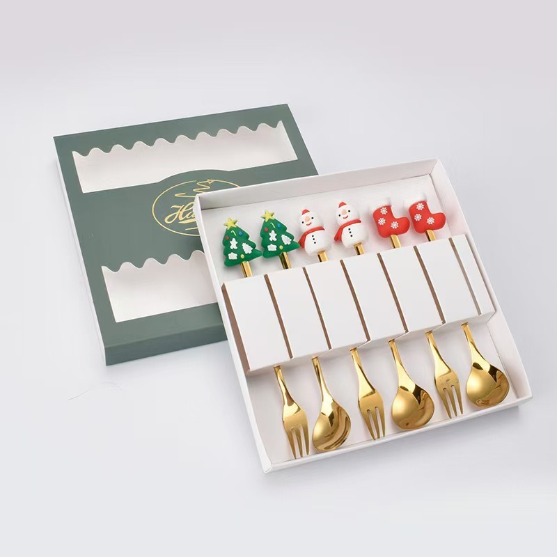 Cucharas de acero inoxidable transfronterizas muñecas de Papá Noel cubiertos cajas de regalo caseras de café mezclador cucharas de postre horquilla de frutas