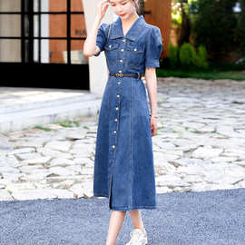 天丝牛仔连衣裙女薄款2023年夏季新款韩版时尚气质收腰显瘦衬衫裙