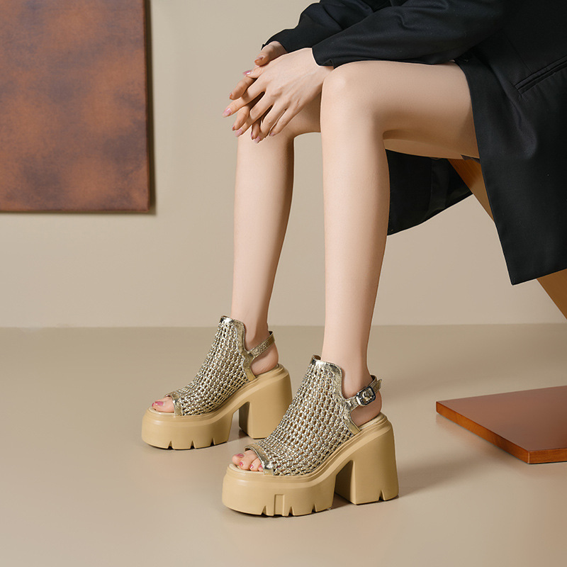 Fashionable Summer 12cm Heightening Cut Out Woven Fishnet Shoes Design Small Thick-Soled High-Heeled Fish Mouth Sandals for Women