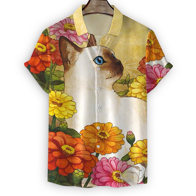 Summer New Hawaiian Short 3D Printed Cat Short-Sleeved Shirt for Men, One-Piece Drop Shipping Half-Sleeve Fun Digital Printing