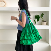 韩版文艺荷叶边帆布包包大容量女新款腋下包高级感抽绳褶皱单肩包