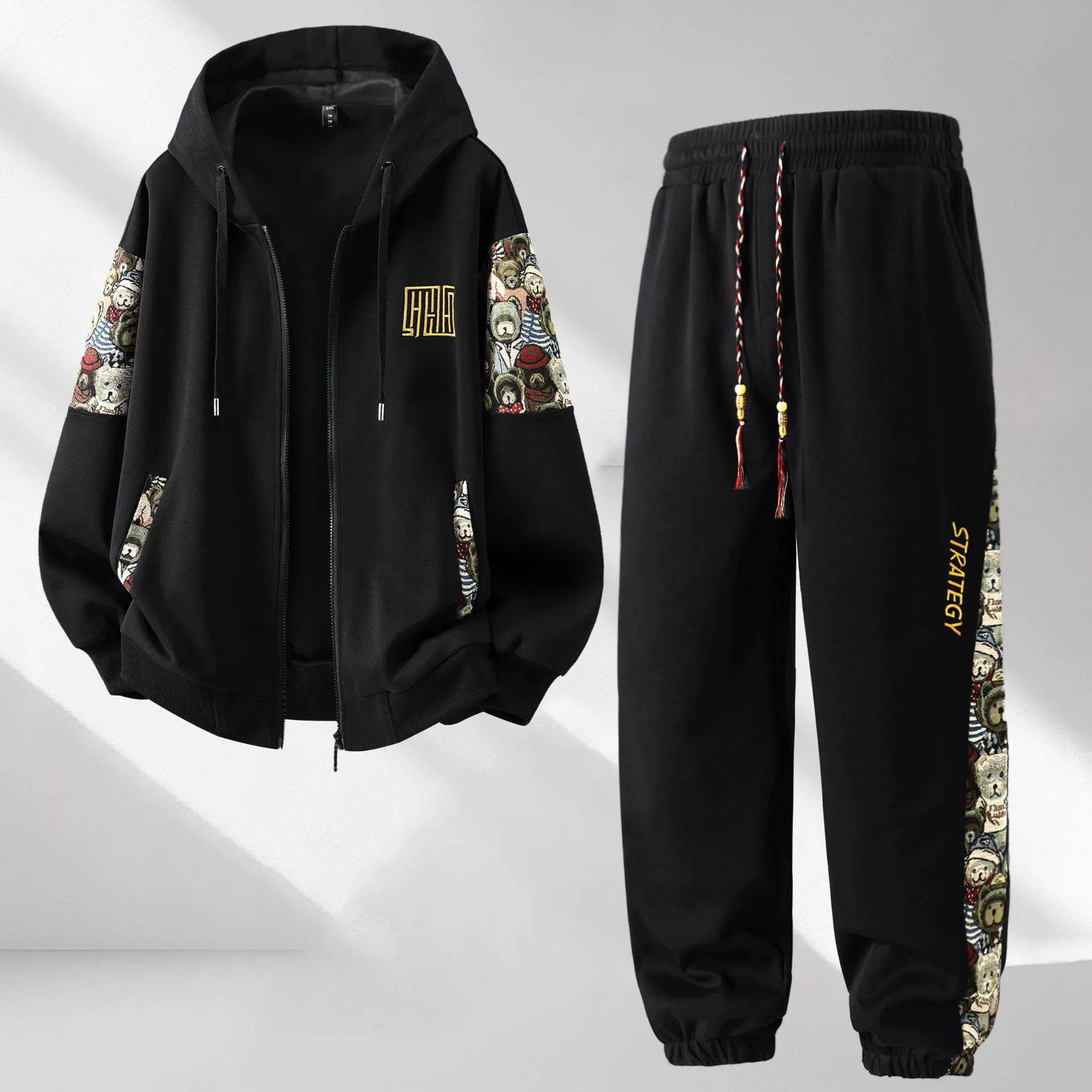Спортивный костюм, свободный крой, plus-size, деми-сезон, вышитый (куртка и брюки)