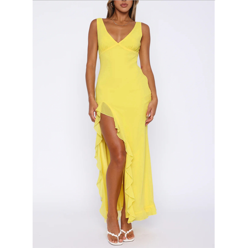 2025 Pure Desire Sexy V-Neck Side Slit Dress Ruffled High-Quality Slim Long Skirt New Women's Clothing 2025 Pure Desire Sexy V-Neck Side Slit Dress Ruffled High-Quality Slim Long Skirt New Women's Clothing