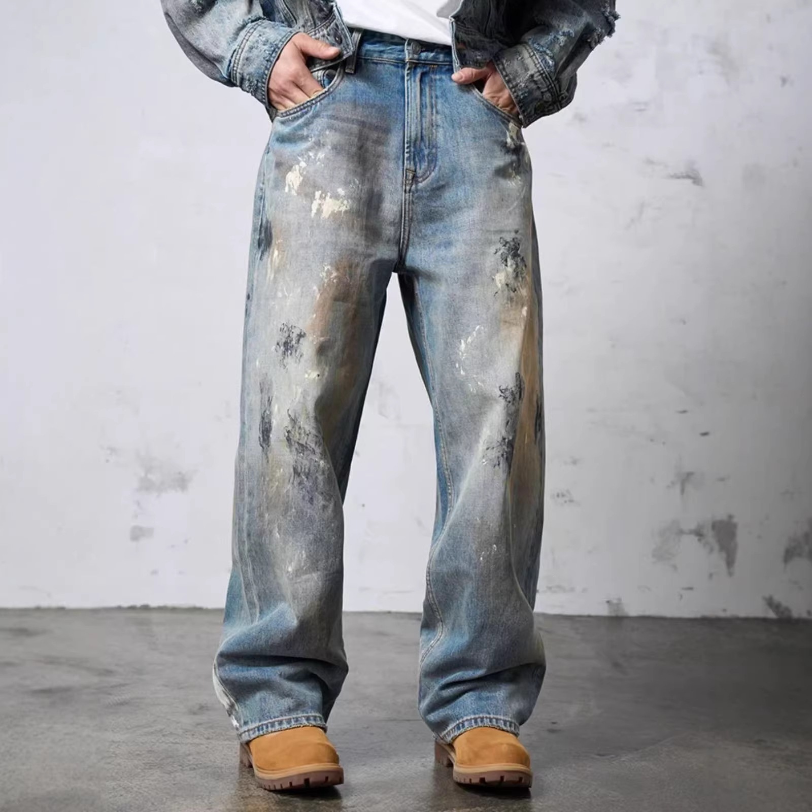 European and American Cross-Border Foreign Trade Amazon Men's Jeans Loose Straight Wide-Leg Vintage Distressed Denim Pants