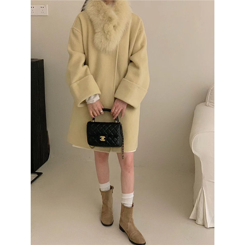 2024冬季新款双面羊绒大衣女狐狸毛领莫兰迪色系中长款羊毛呢外套