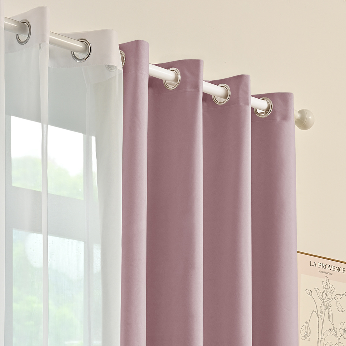 Cortinas perforadas transfronterizas conjuntos de cortinas textiles de primavera cortinas de sombreado 2pcs con doble cadena de tela de trilon 1pc
