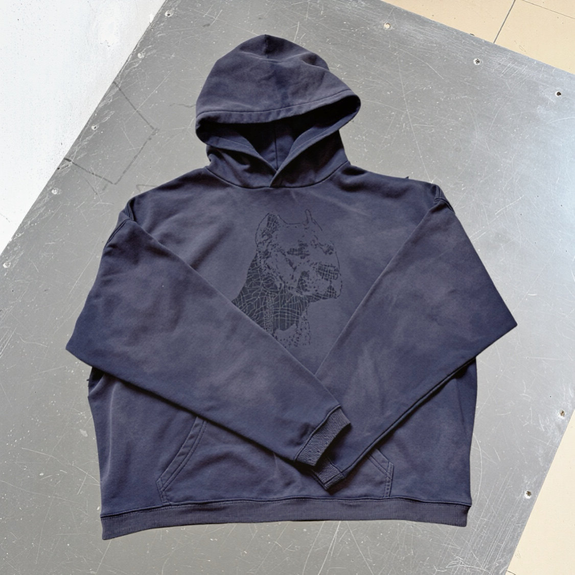 ERD melancholic, vintage-style, distressed bit dog print hoodie, men's loose-fit, washed finish, autumn sweatshirt