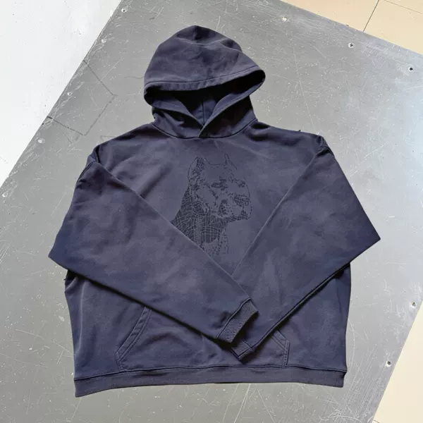 ERD melancholic, vintage-style, distressed bit dog print hoodie, men's loose-fit, washed finish, autumn sweatshirt