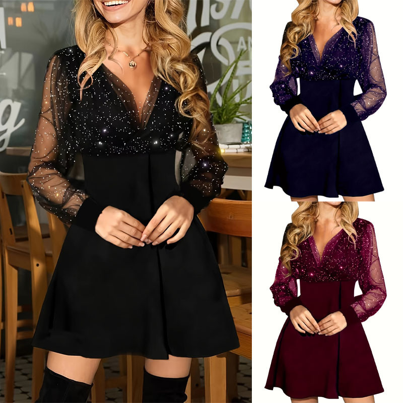 2026 Cross-Border Foreign Trade Amazon European and American New Style Mesh Splicing Solid Color V-Neck Long-Sleeve Sexy Elegant Dress