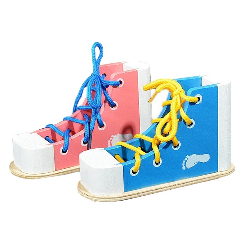 Montessori educación temprana material didáctico zapatos de madera para niños shoelace life game kindergarten threading juguetes de enseñanza