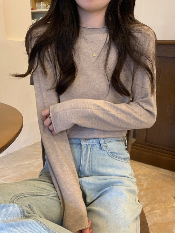 韩版基础款圆领卷边针织衫打底女早秋慵懒风毛衣长袖软糯内搭上衣|undefined