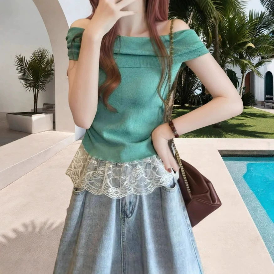 Кросс-бордерная футболка 2025 года, новый сладкий стиль, одно плечо, короткий рукав, с кружевными вставками, облегающий топ, эксклюзивно для внешней торговли