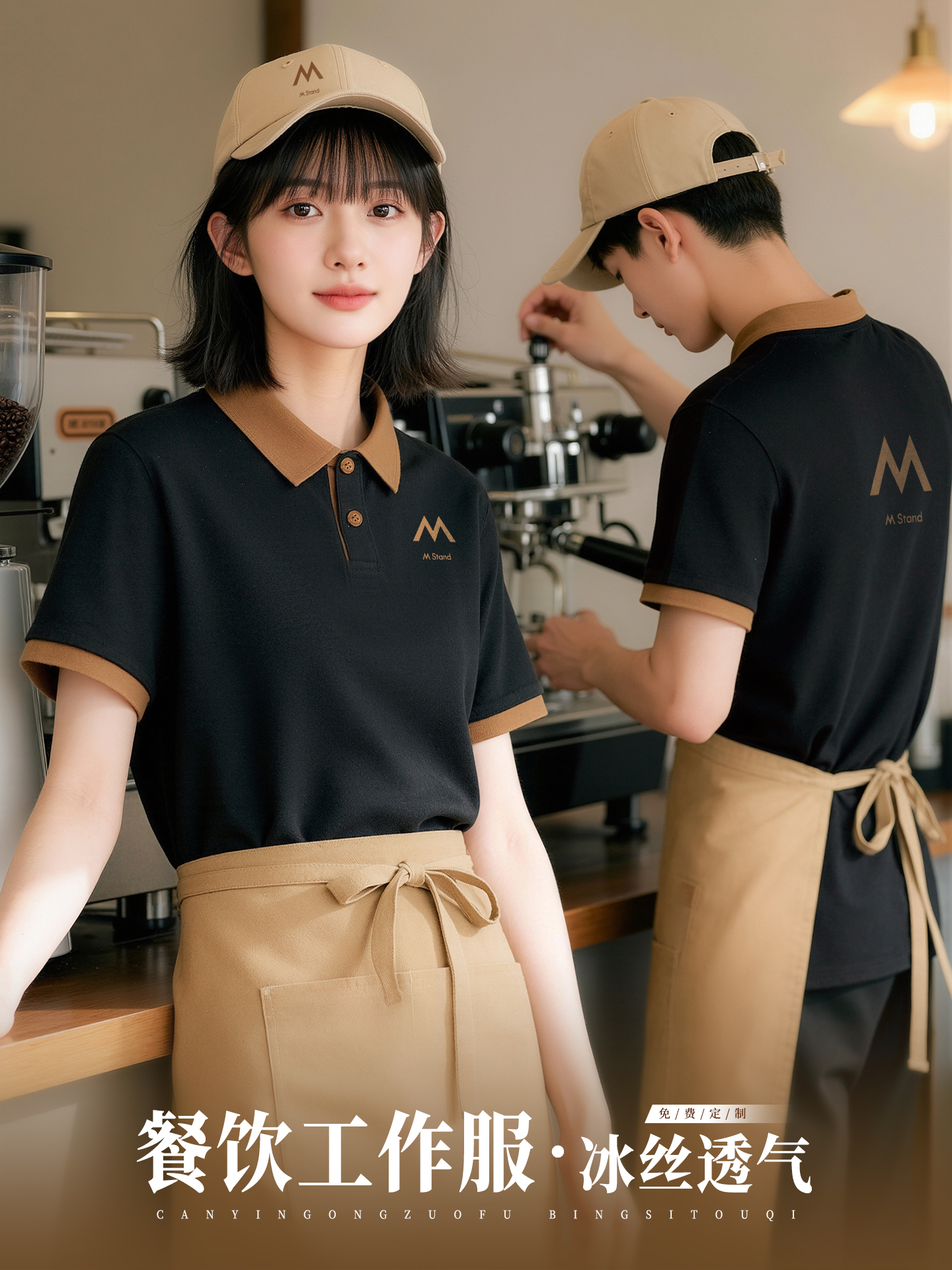 好看餐饮工作服短袖t恤定 制印logo高级感咖啡饭店服务员专业工装